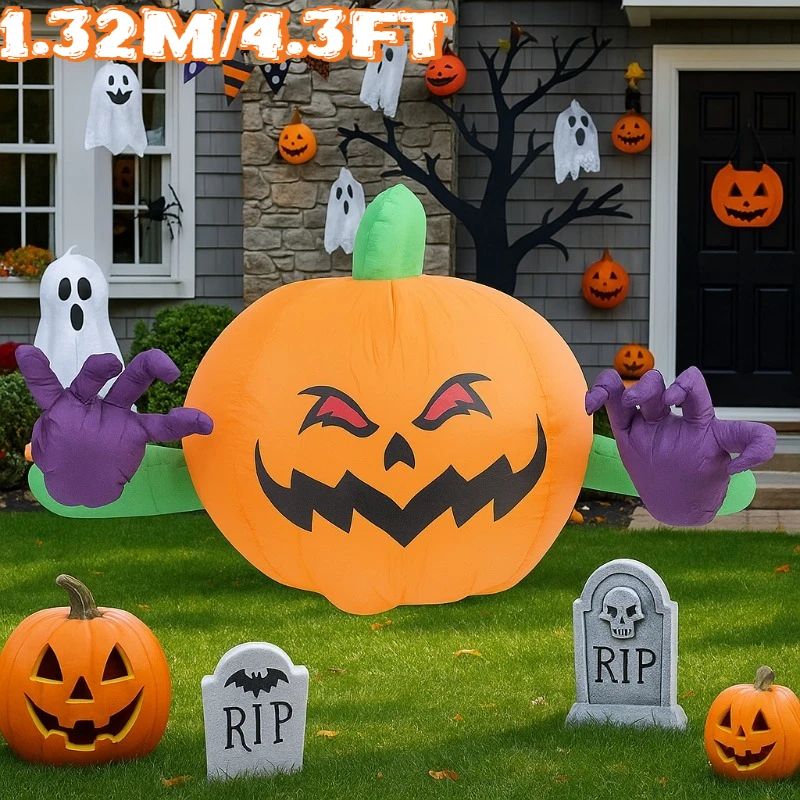 

4.3FT Inflatable Toys Holiday Lighting Purple Hand Pumpkin Head Halloween Decorations Party Holiday Decor Outdoor with LED Light