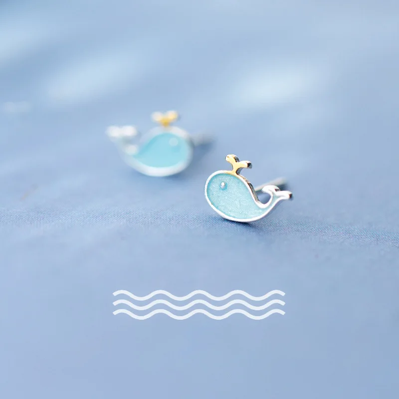 Enosola 100% S925 Sterling Silver Blue Lovely Whale Stud Earrings for Girls Kids Children Creative Cute Marine Animal Jewelry