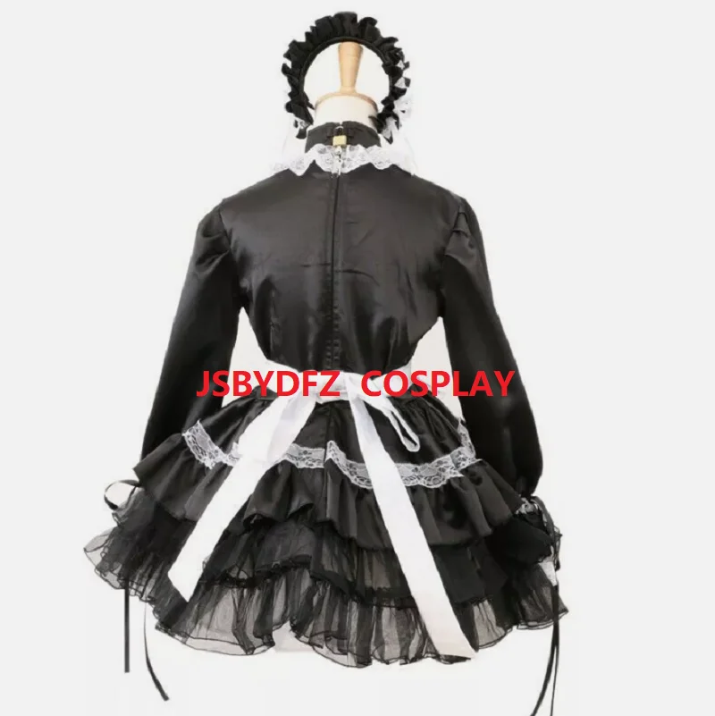 Girl Sissy Maid Black Satin Organza Puffy Dress Tailored Cosplay Costume