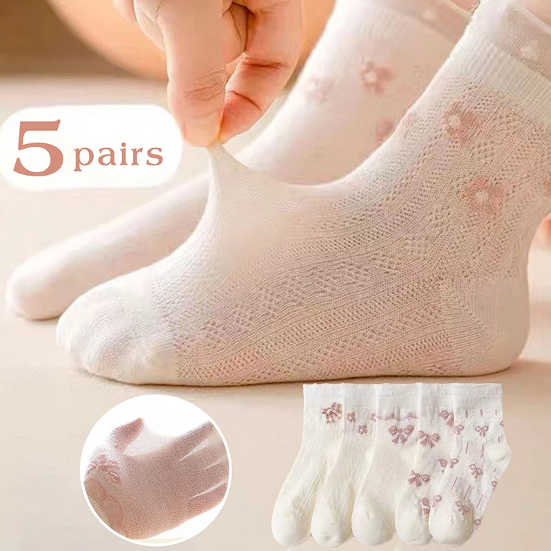 5Pairs Summer Children Mesh Socks 0-8 Years Kids Thin Breathable Mid-Tube Socks Lace Bow Princess Girl Stockings Baby Footwear