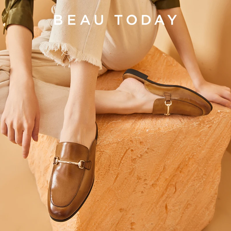 

BEAUTODAY Casual Mules Women Calfskin Leather Metal Decoration Solid Color Slippers Fashion Ladies Flat Shoes Handmade 36265