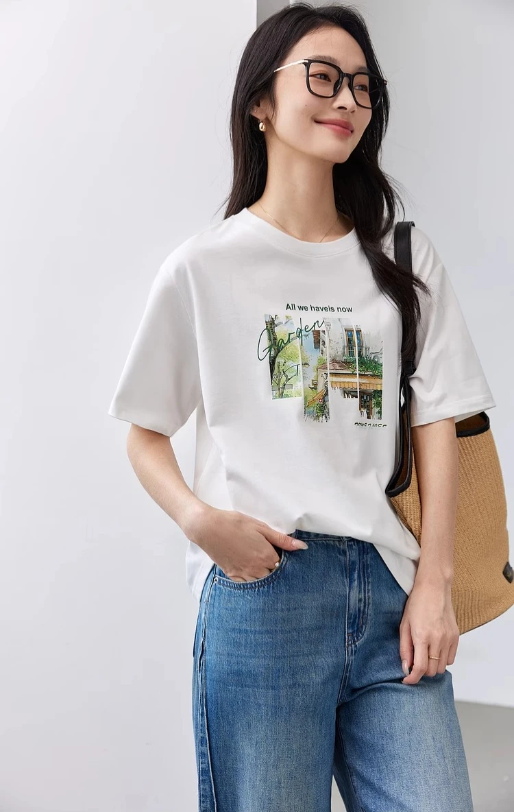 VIMLY Wit T-shirt Dames Zomer 2025, Casual 100% Katoen Gedrukt Natuurlijk Landschap Ronde Hals Vrouw Korte Mouw Tops M9828
