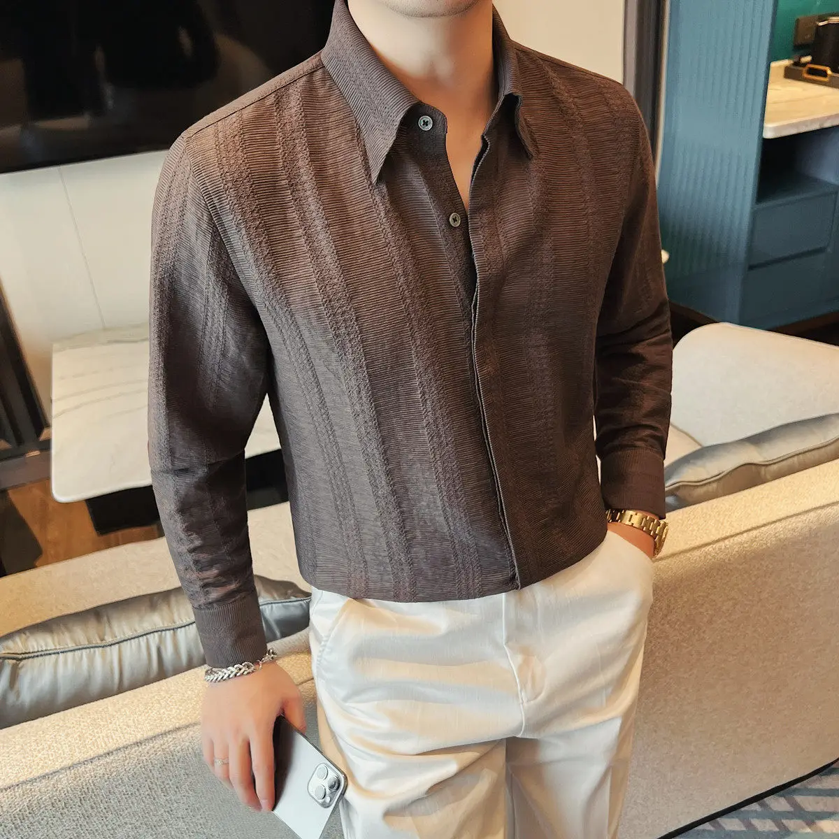 

Luxury Solid Color Casual Business Men's Shirt Long Sleeve Slim Fit Breathable Shirt Social Office Uniform Banquet Formal Shirts