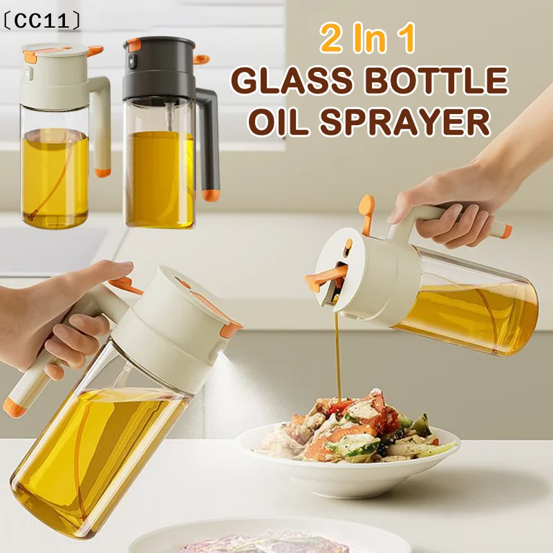 Botella pulverizadora de aceite 2 en 1 de 470/650ml con boquilla para verter, a prueba de fugas, multifuncional, de gran capacidad, aceitera de vidrio, accesorio de cocina〔CC11〕
