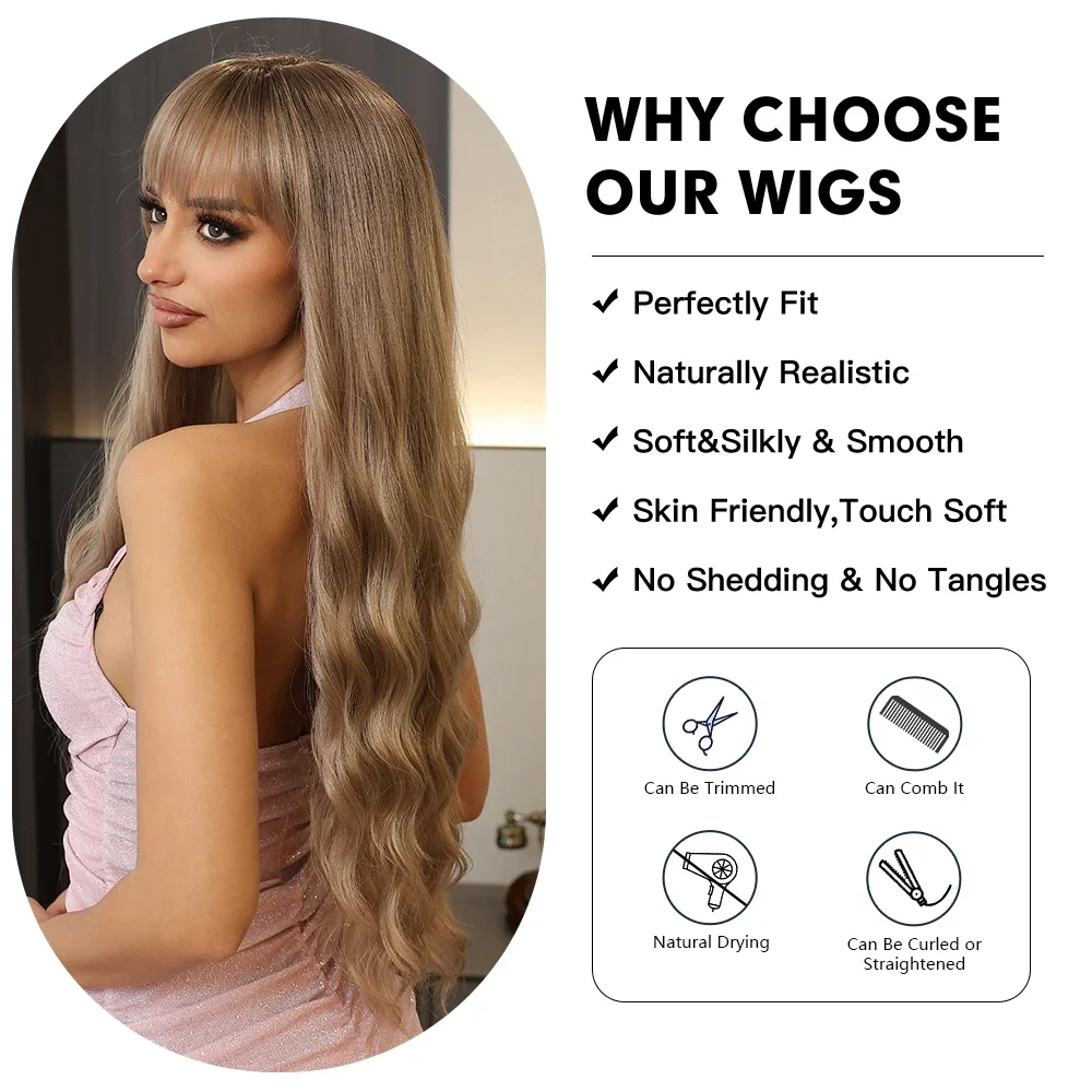 Brown Synthetic Wigs with Bangs for Women Long Ombre Ash Brown Curly Wig Heat Resistant k Root Cosplay Daily Use Fake Hair