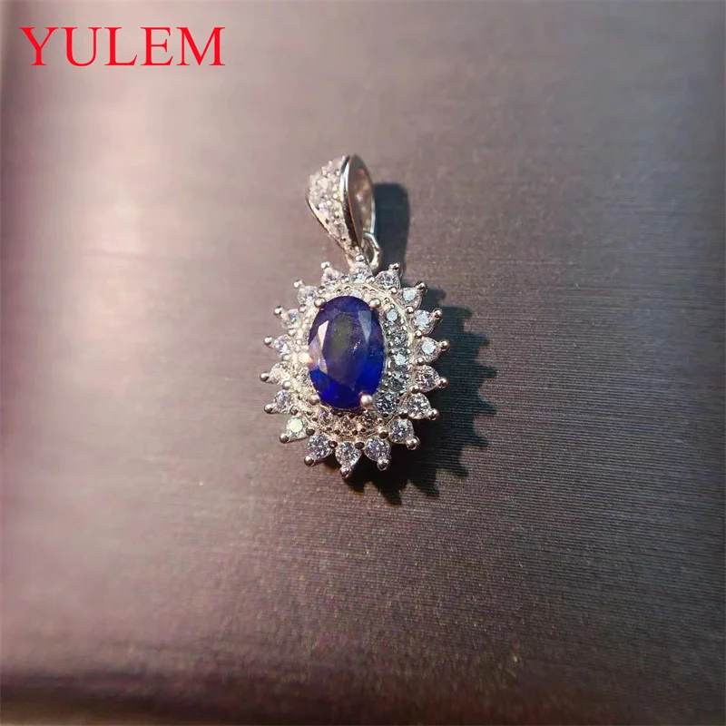 Natural Sapphire Pendant Blue Gem 925 Sterling Silver Women's Necklace 4x6mm for Daily Wear