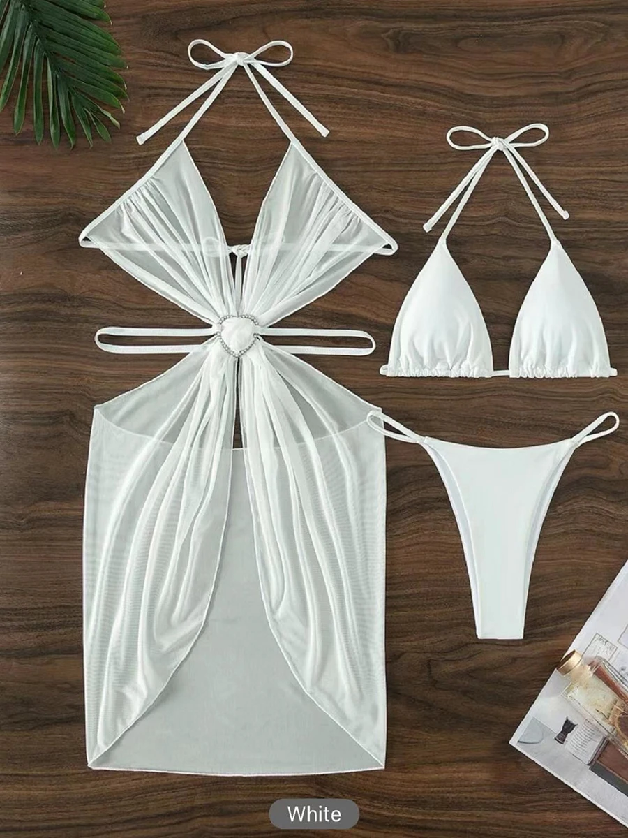 3 Piece Halter String Bikini 2024 Hollow Out Swimsuit Women Padded Swimwear Female Bathers Bathing Swimming Swim Suit Beachwear