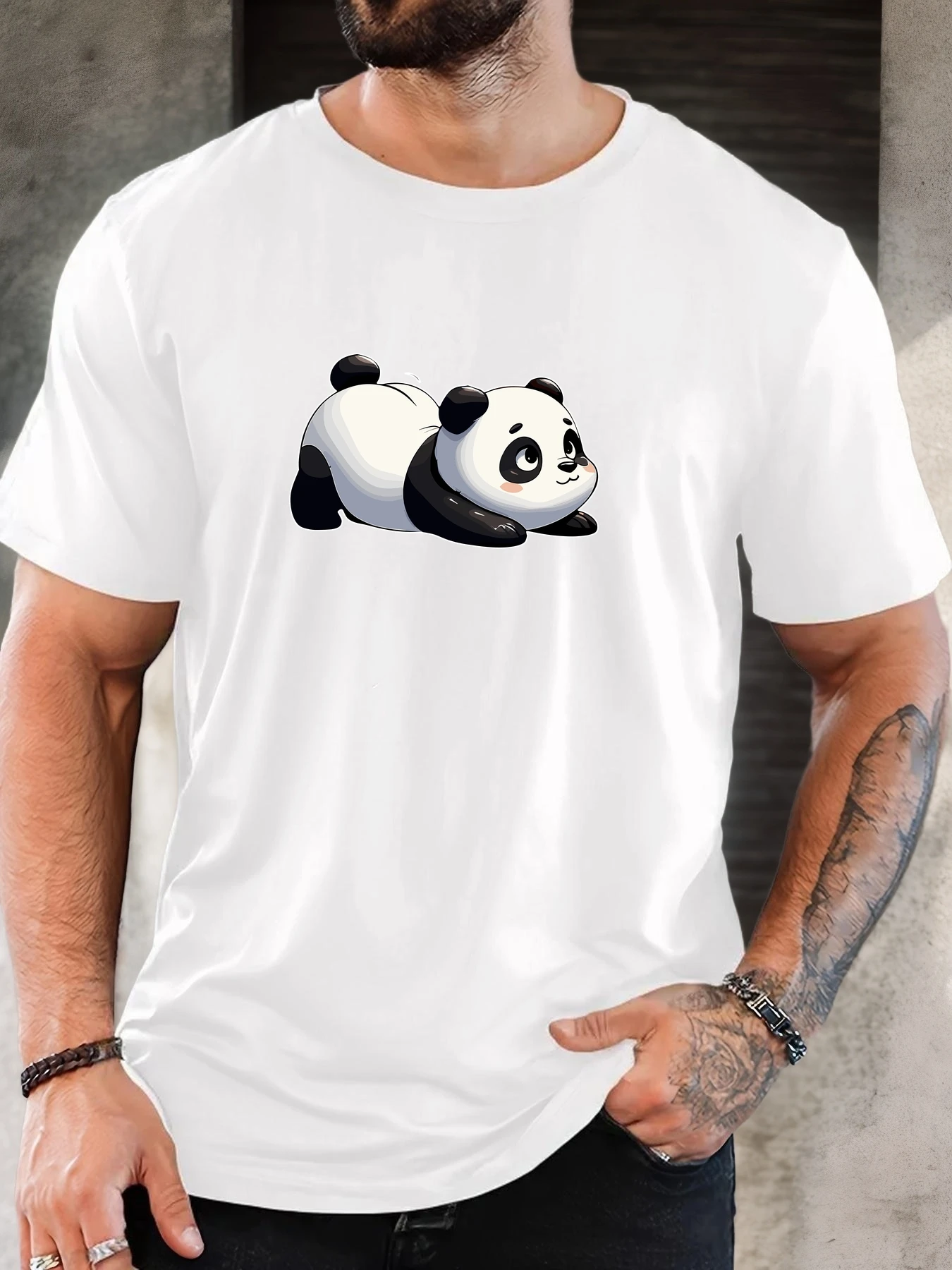Men Khaki Crew Neck Tee Cute Lying Chubby Giant Panda Cartoon Animal Illustration Chinese Wildlife Fan Soft Cotton Male Tops