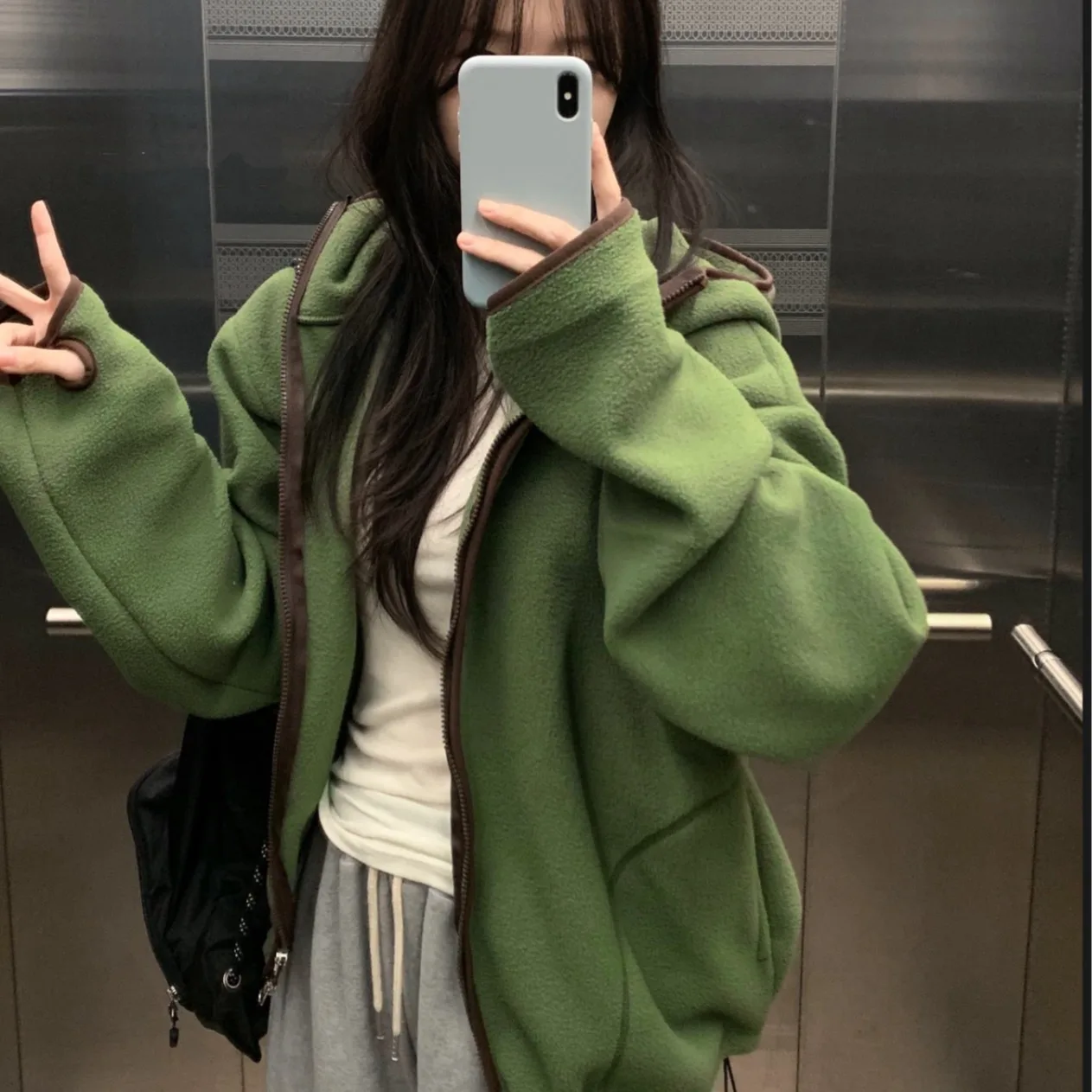 Korean Style Double-Sided Fleece Hooded Jacket Casual Anti-Aging Open Cardigan Women's Autumn Winter Long Sleeve Coat