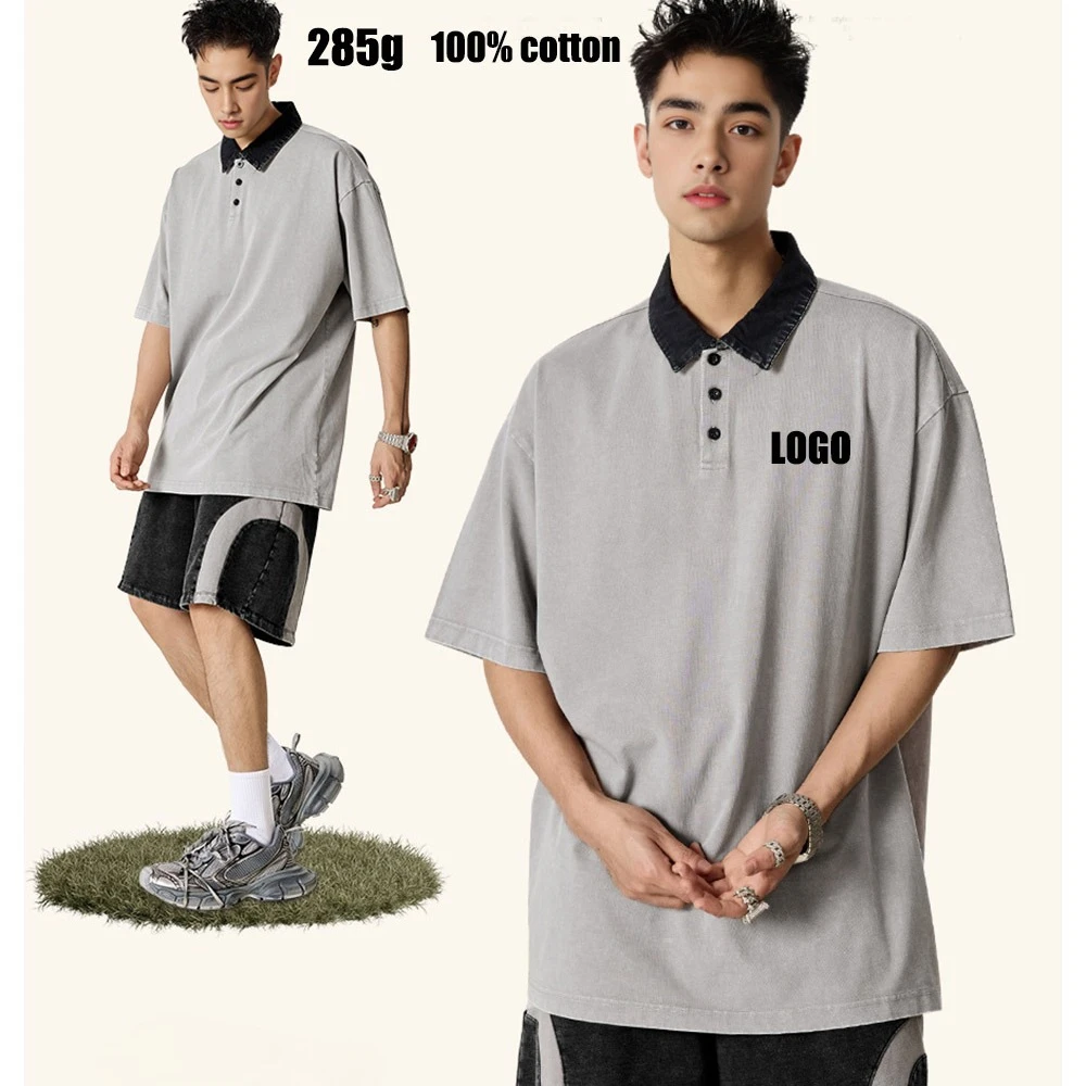Customized LOGO Men's Summer Retro Premium POLO Shirt Men's T-Shirt Loose Contrasting Lapel Short Sleeve