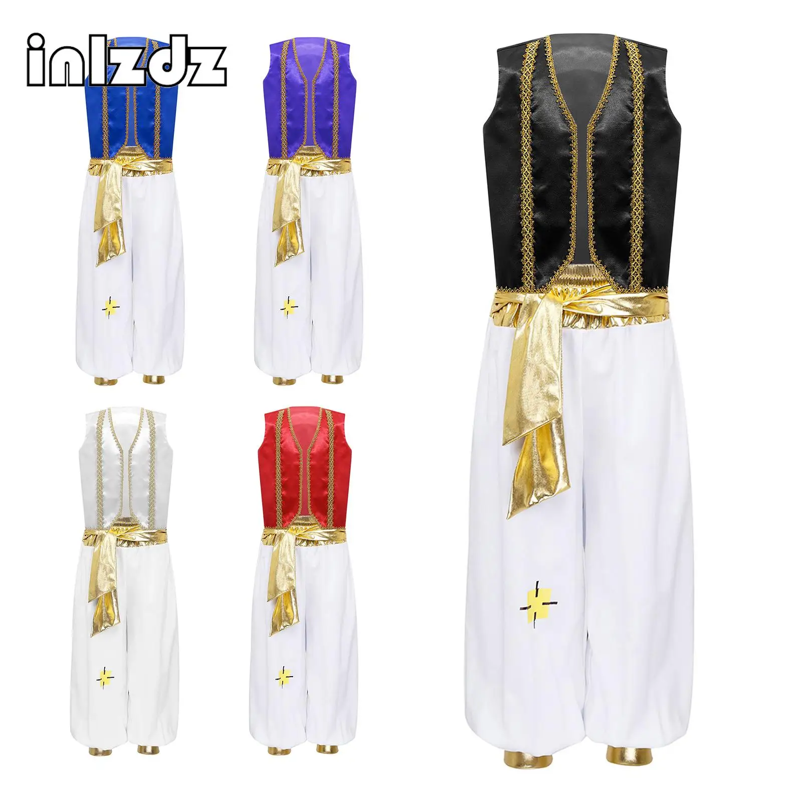 

Kid Boy Arabian Prince Cosplay Dress Up Sleeveless Braided Trimming Vest Waistcoat Pants Suit for Halloween Carnival Performance