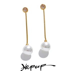 Yhpup Korean Imitation Pearls Long Chain Hanging Dangle Earrings for Women Anti Allergic Stainless Steel Charm Daily Jewelry