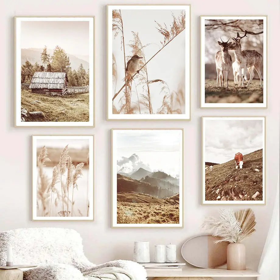 1PC frameless decorative art print,Mountain Chalet Beige Reed Dandelion Deer Cattle Nordic Posters And Prints Wall Art Canvas Pa