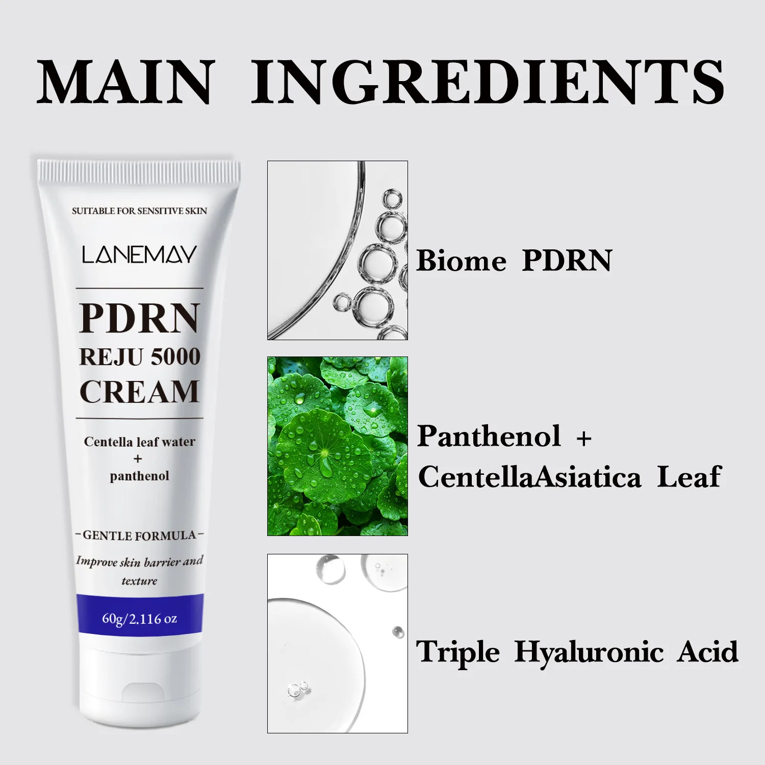 PDRN Reju 5000 Cream  - with Biome PDRN, Centella & Panthenol - Gentle Formula to Strengthen Skin Barrier Soothe Sensitive Skin.