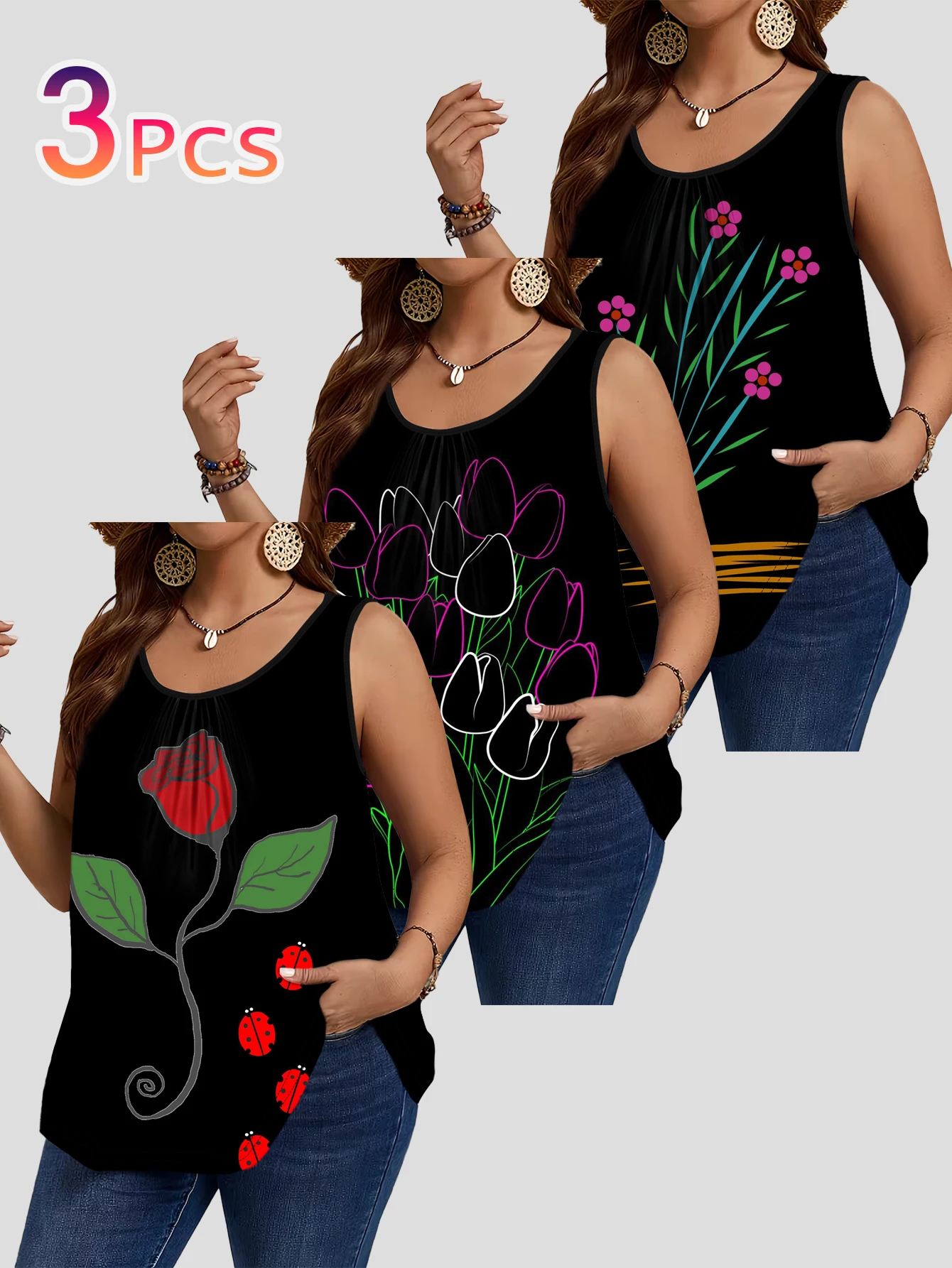 3-Piece Set of Plus-Size Women's Clothing: Tulip, Rose, Ladybug Floral Line Print Tank Top, Round Neck, Ruched, Loose Sleeveless Top