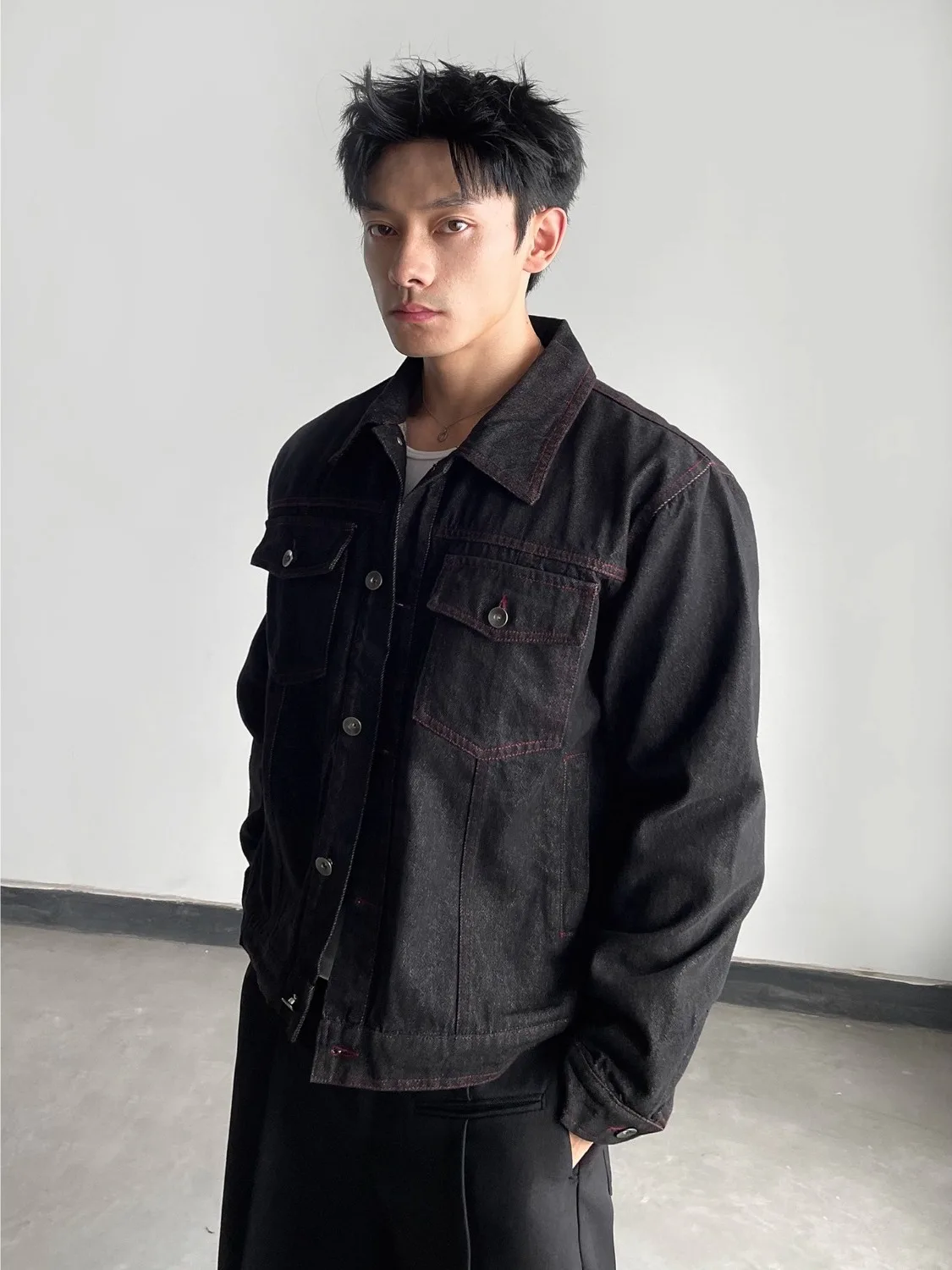 

Red Original Denim Short Baseball Jacket Men's Spring Autumn American Retro Collar Workwear Style Loose Fit Jeans Jacket