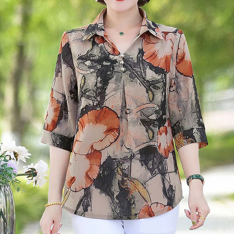 Women Floral Print Vintage Elegant Button Shirt Summer Fashion Casual Half Sleeve Loose Blouse V Neck Comfortable All Match Tops