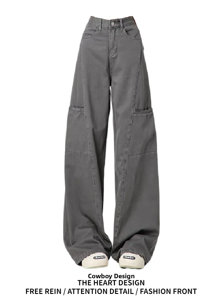 

American Sle Loose Fit ey Workwear Jeans Women's High Waist Straight Leg Casual Wide Leg Floor Length Pants