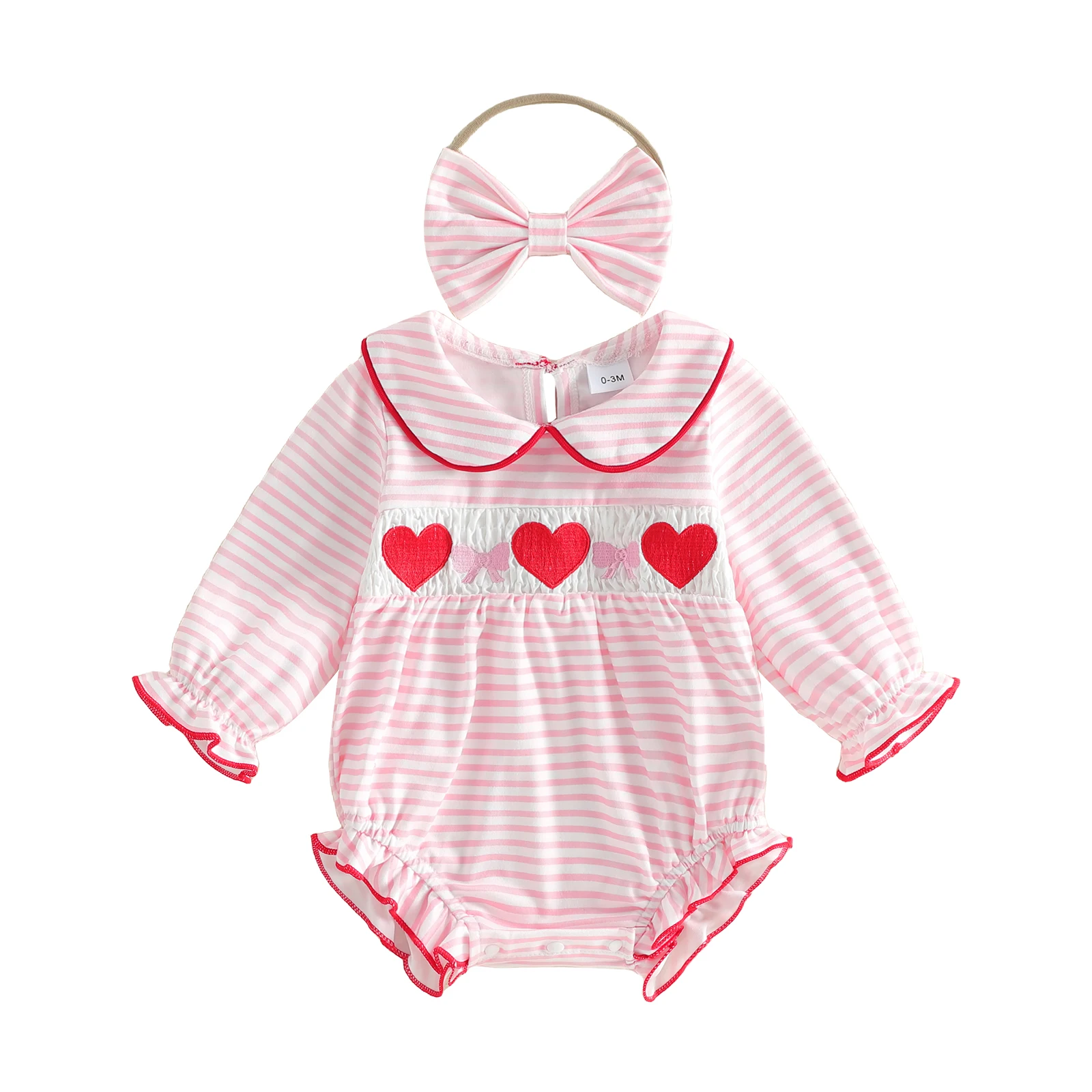 

Наряд на День Святого Валентина для маленьких девочек, полосатый кукольный воротник с бантом и сердечком, комбинезон с длинными рукавами и повязкой на голову с бантом, комплект из 2 предметов