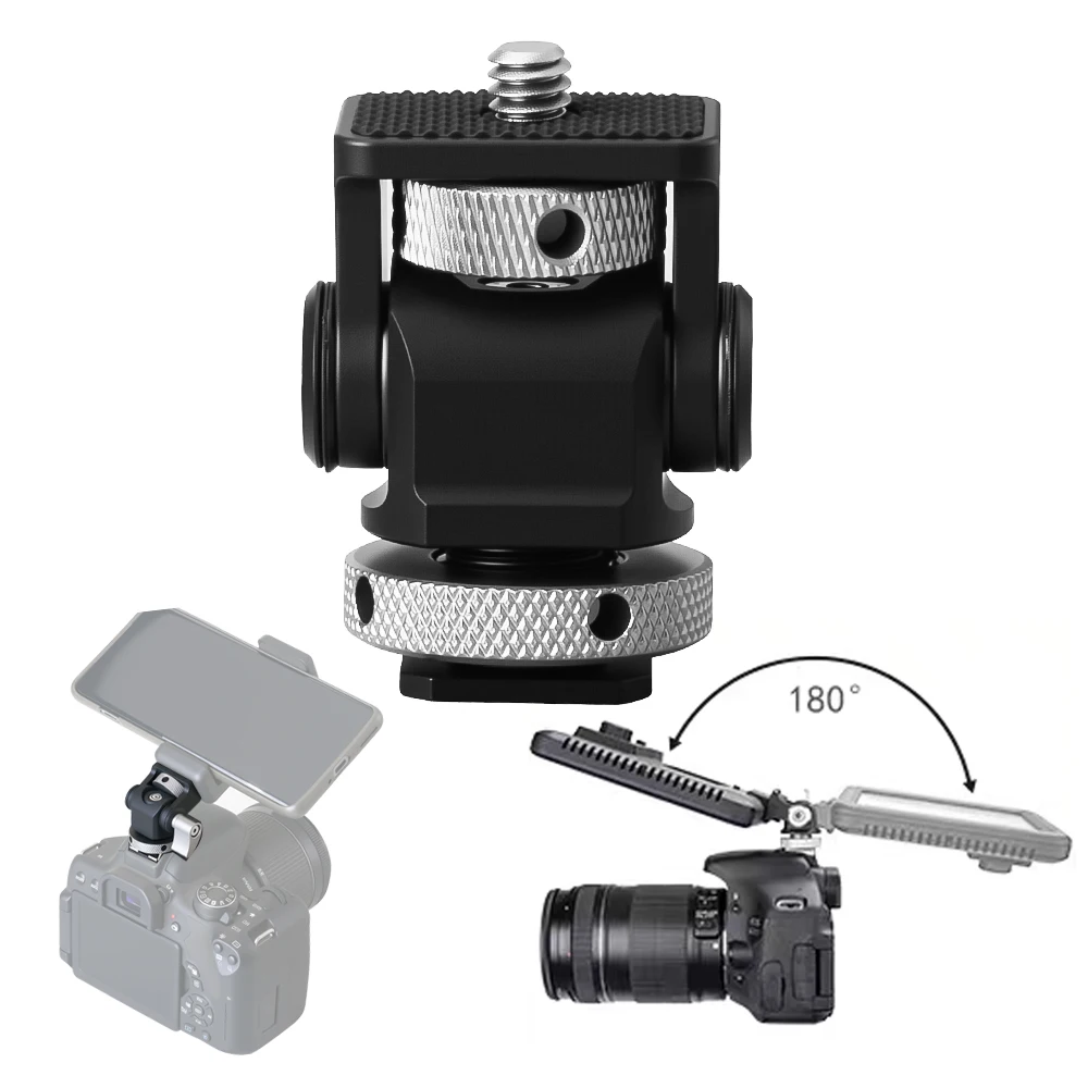 Support de montage de moniteur en métal, tête de trépied avec adaptateur de montage de chaussure froide, pivotant et inclinable réglable pour lampe de remplissage de Microphone Flash