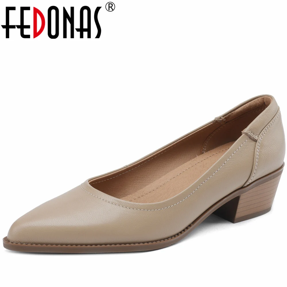 FEDONAS Vintage Thick Heels Women Pumps Retro Genuine Leather Mature Pointed Toe Office Lady Working Spring Summer Shoes Woman