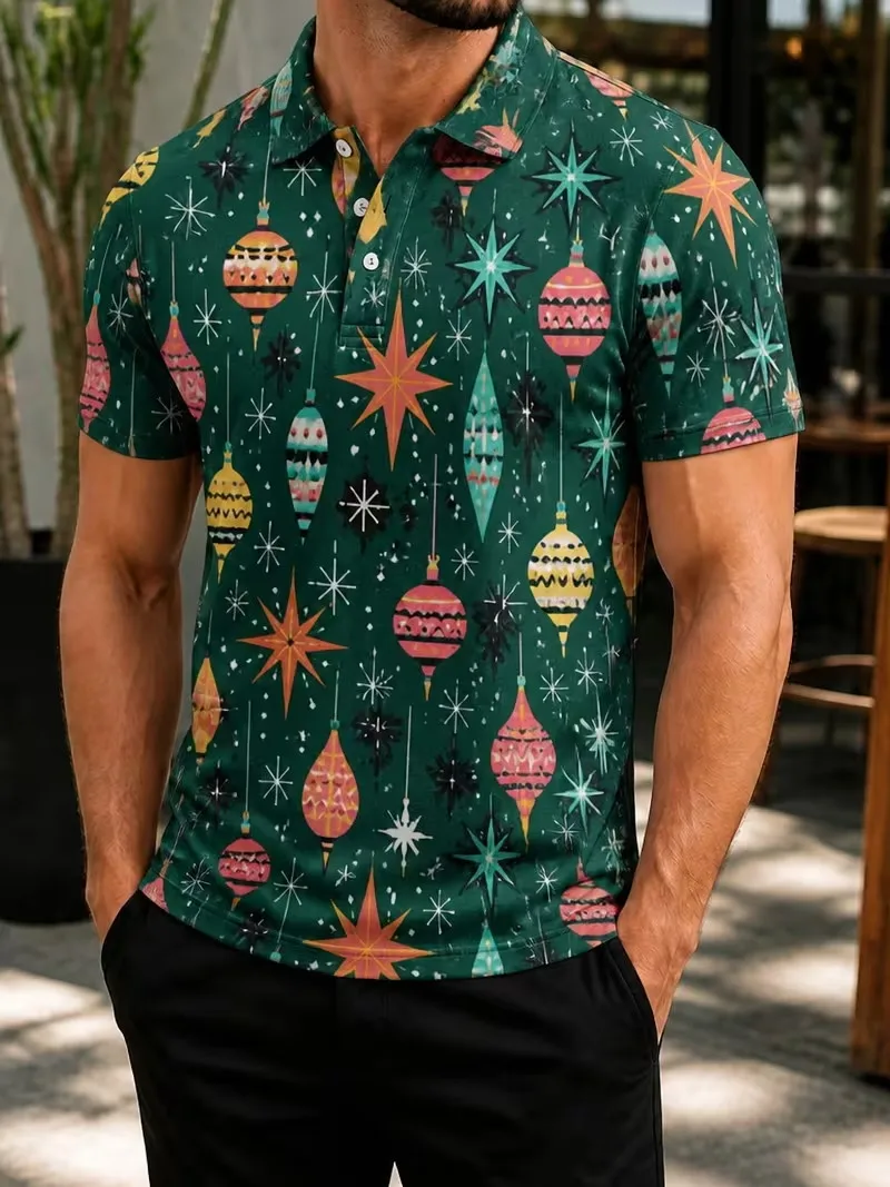 Men Green Christmas Bauble Star Print Polo Shirt Tops Colorful Xmas Ornament Snowflake Holiday Party Casual Wear For Men