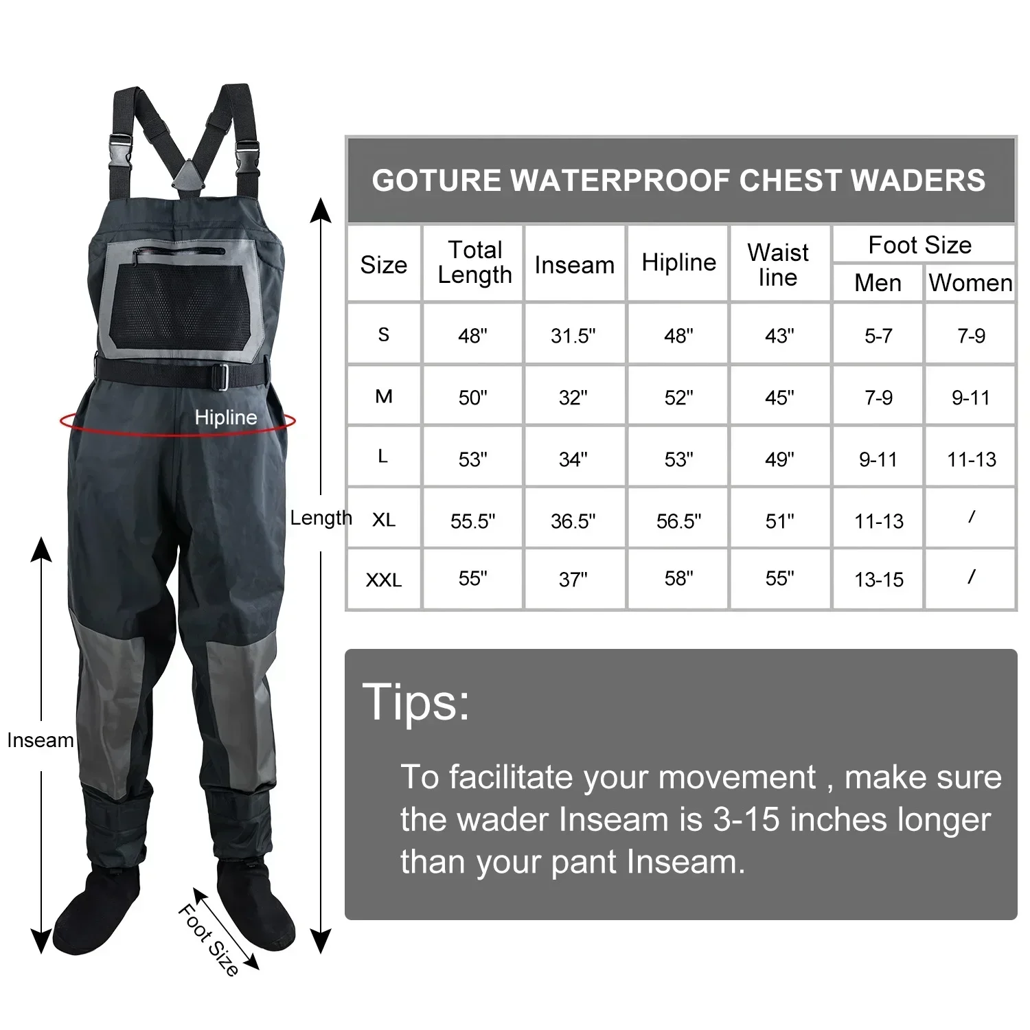 Goture Waterproof Fishing Chest Waders with Waterproof Zipper Pocket Adjustable Suspenders Breathable Bootfoot Wader for Outdoor