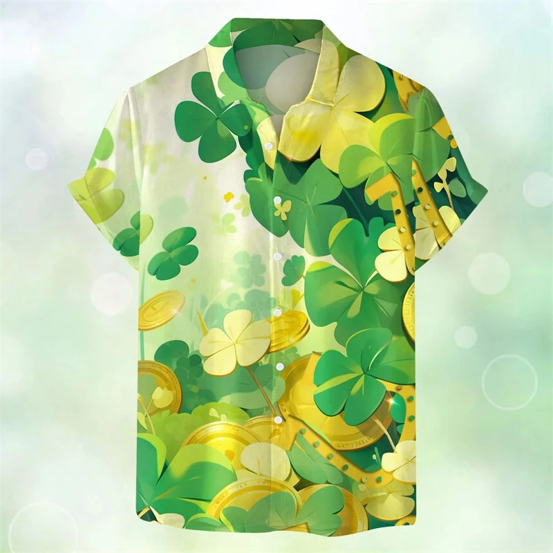 

Mens Shirt Saint Patrick Festive Green Shamrock Print Lapel Short Sleeved Shirt Vintage Solid Shirts Cardigan Men's Blouses