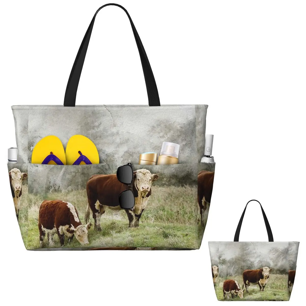

Hereford Bull And Cow Watercolour Photograph Beach Tote Bag Sport Gym Yoga Duffle Large Tote Bag Women Travel Bag Fitness bag