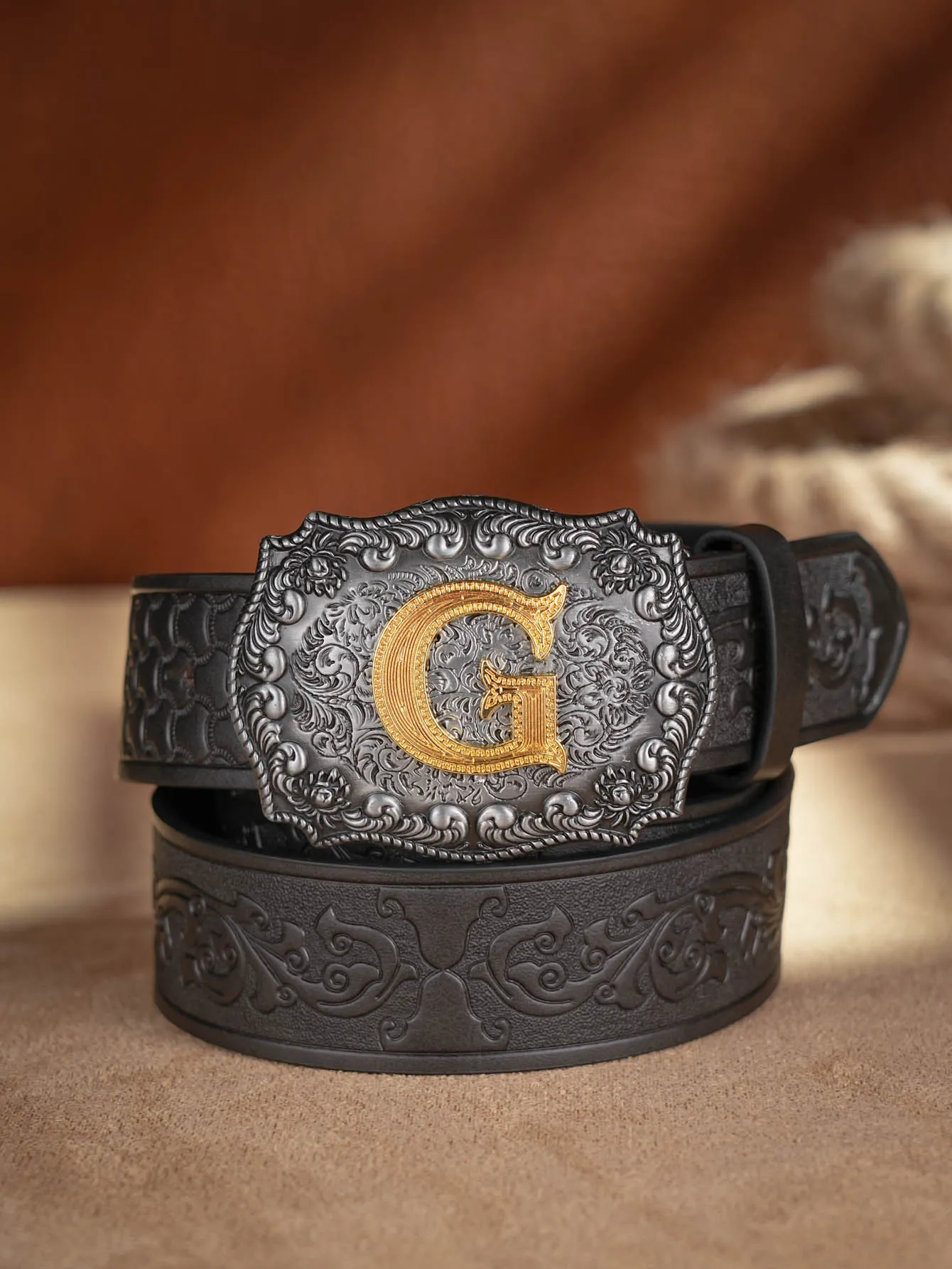 Western Cowboy PU-Ledergürtel – Herren-Hüftgurt, Stier-Dekoration, Blumenmuster, graviert für Jeans – Detail 13