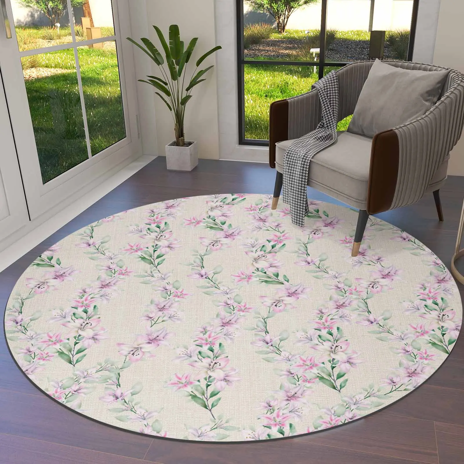 Flower Hand Drawn Plant Lilies Round Area Rug Carpets For Living Room Large Mat Home Bedroom Kid Room Decoration