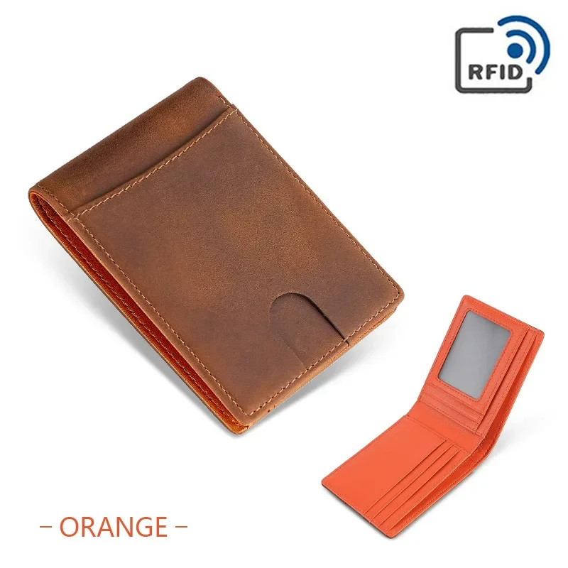 Men's Wallet Ultra Thin Rfid Genuine Leather Money Clip with ID Window Multi Card Crazy Horse Leather Short Wallet RFID Blocking