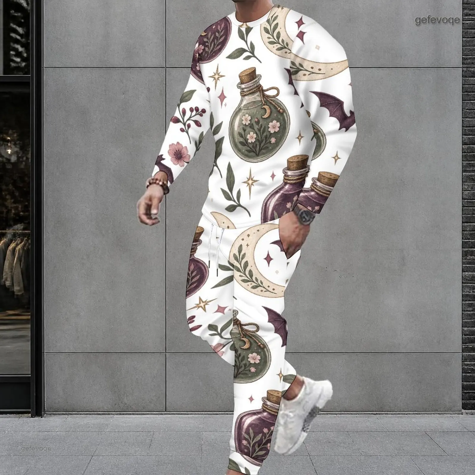 Men Purple Crystal Gold Moon Star Floral Printed Round Neck Long Sleeve Top And Cuffed Pants Two Piece Set