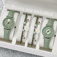 4PCS/Set  Fashion Green PU Leather Strap Flower Quartz Watch with  Bracelet (Box not Included)