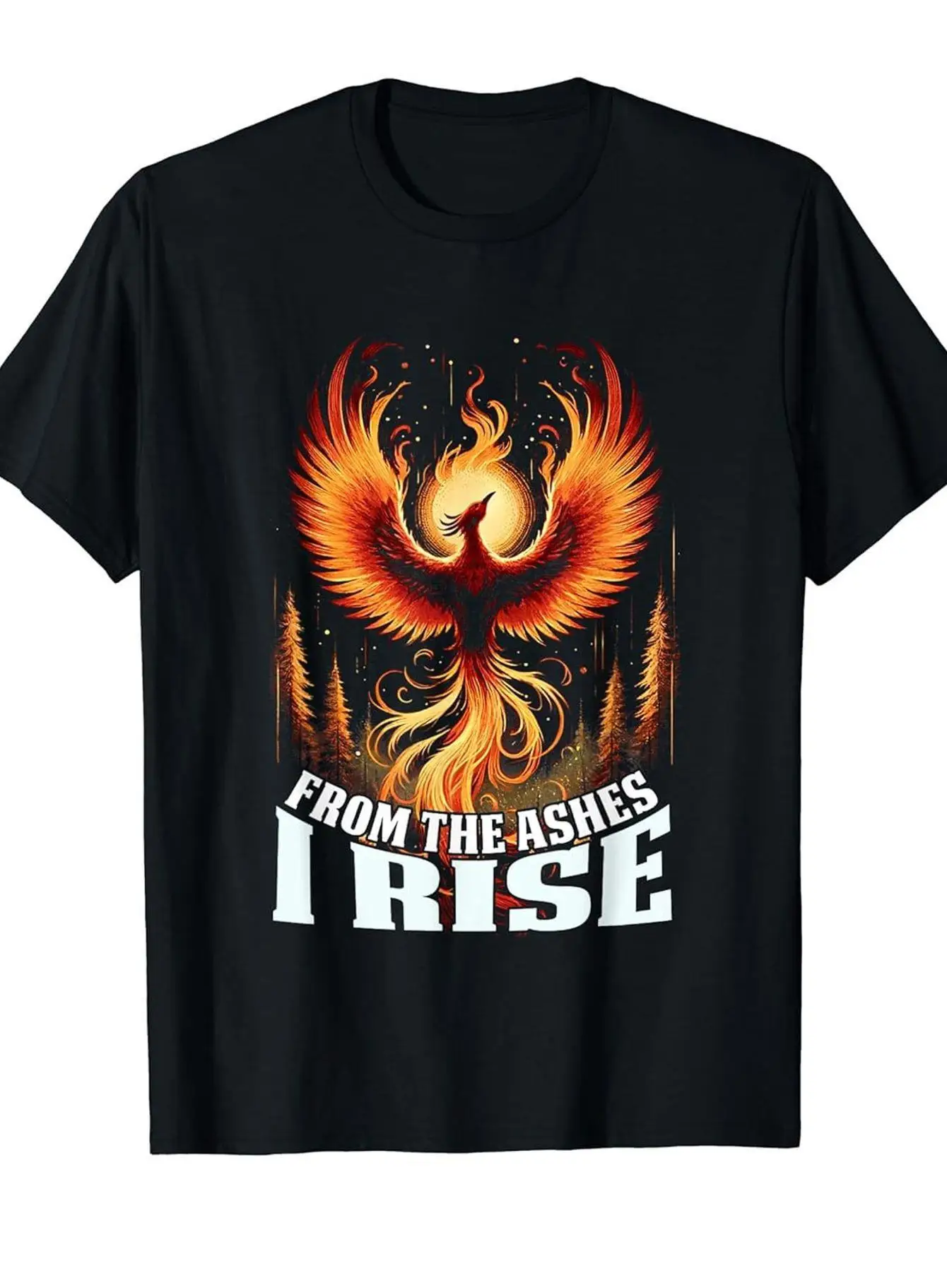 Men'  Women' Heavyweight Phoenix Rising T-Shirt - 250 Soft Black Tee with OrangeYellow Phoenix  Flame Design, Loose Fit Crew Neck Short Sleeve, Resurrection Symbol Gift Suitable for HimHer, BirthdayAnniversary Present for Casual Wear
