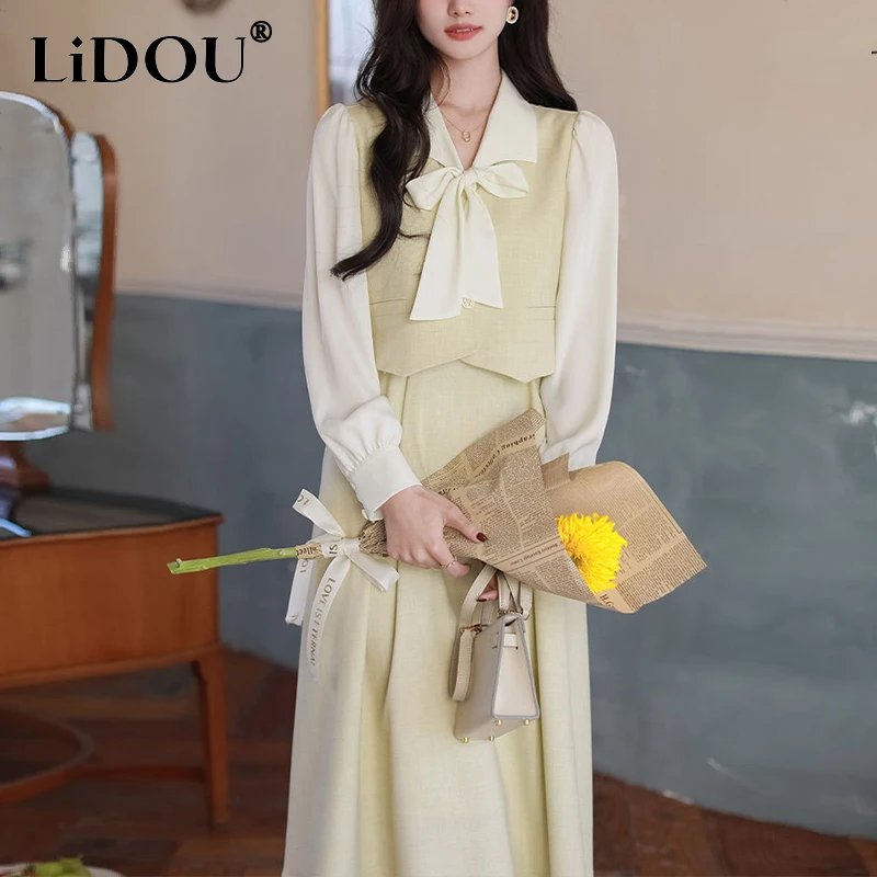 

Spring Autumn Elegant Fashion Bow Patchwork Midi Dress Women's Casual Fashion Waist Robe Femme Long Sleeve Temperament Vestidos