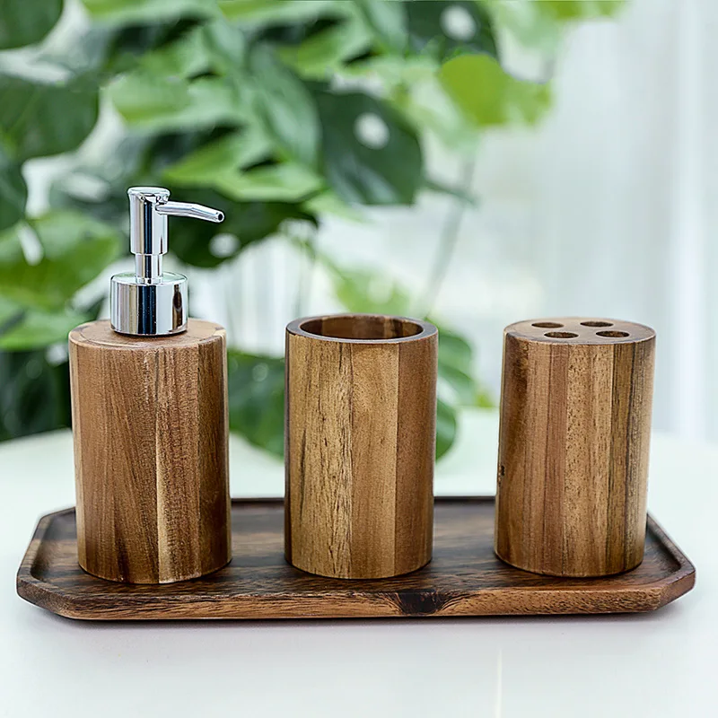 Wooden Split Bottle Set with Press Type Shower Gel Shampoo Portable Split Bottle