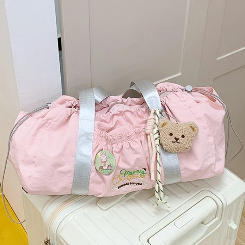 

Large Capacity Nylon Tote Bag New Casual Japan Style Pleated Bucket Bag Fashion Embroidery Drawstring Zipper Women Shoulder Bag