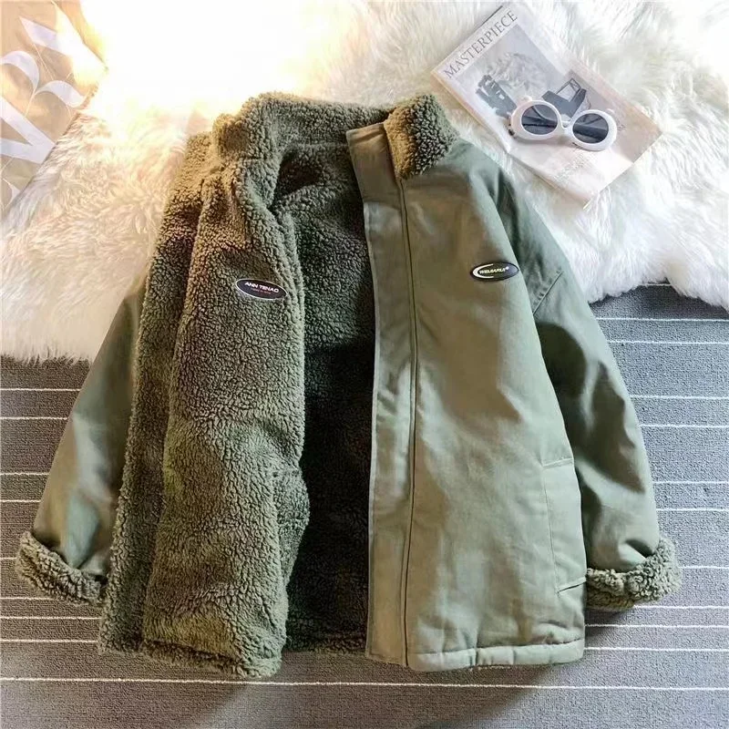 autumn and winter new love lambswool cotton-padded jacket double-sided collar jacket couple loose jacket warm Y2K