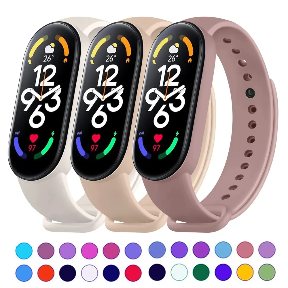 สายนาฬิกาข้อมืออัจฉริยะ Mi band 4 5 6 7, อะไหล่สายรัดข้อมือซิลิโคนสำหรับ Xiaomi Mi band 7 6 5 4 3สายนาฬิกา