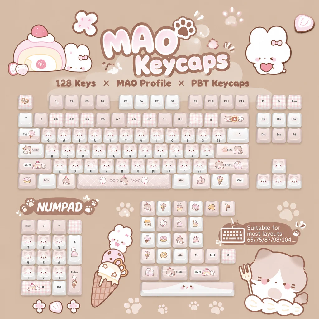 Caramel Kitten Cute PBT Keycaps,New MAO Doubleshot Cat Head Shaped PBT Key Cap For MX Switches Gaming Mechanical Keyboards