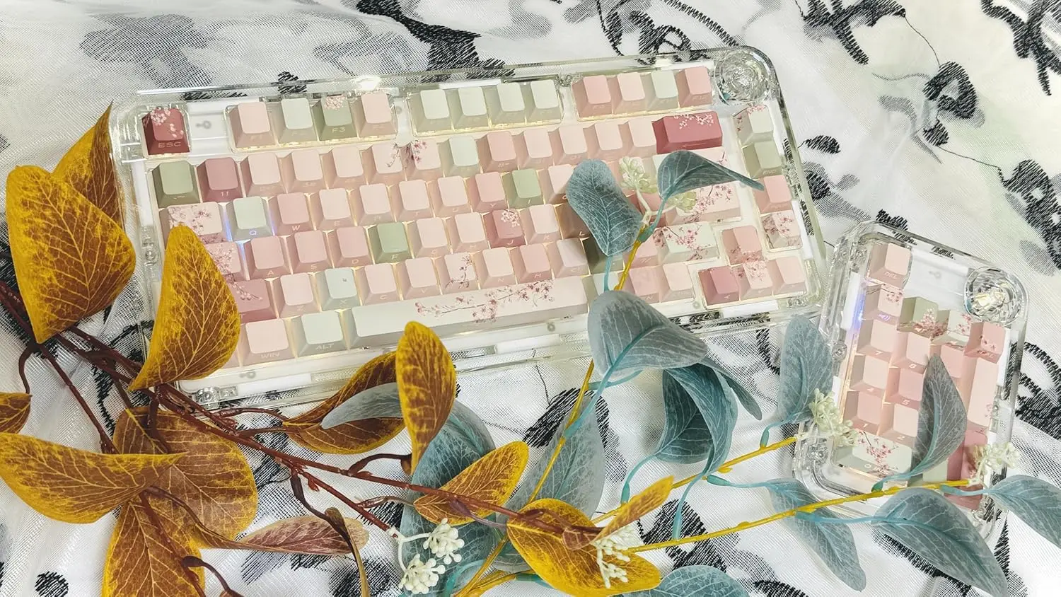Peach Blossom Keycaps Side Print Custom Cherry Profile PBT Shine Through Keycaps Pink Green 128 Keys for Mechanical Keyboards
