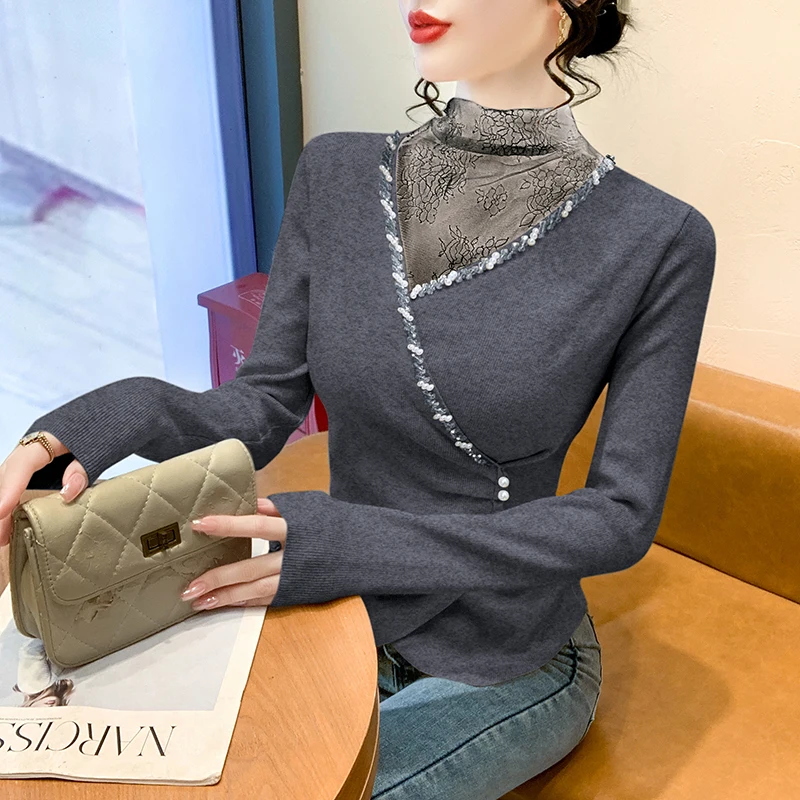 

Lace Me Splice Knitted Base irt Women's Autumn Winter Design Sense Fake Two-Piece Sweater Long Sve Pearl Embellied Top