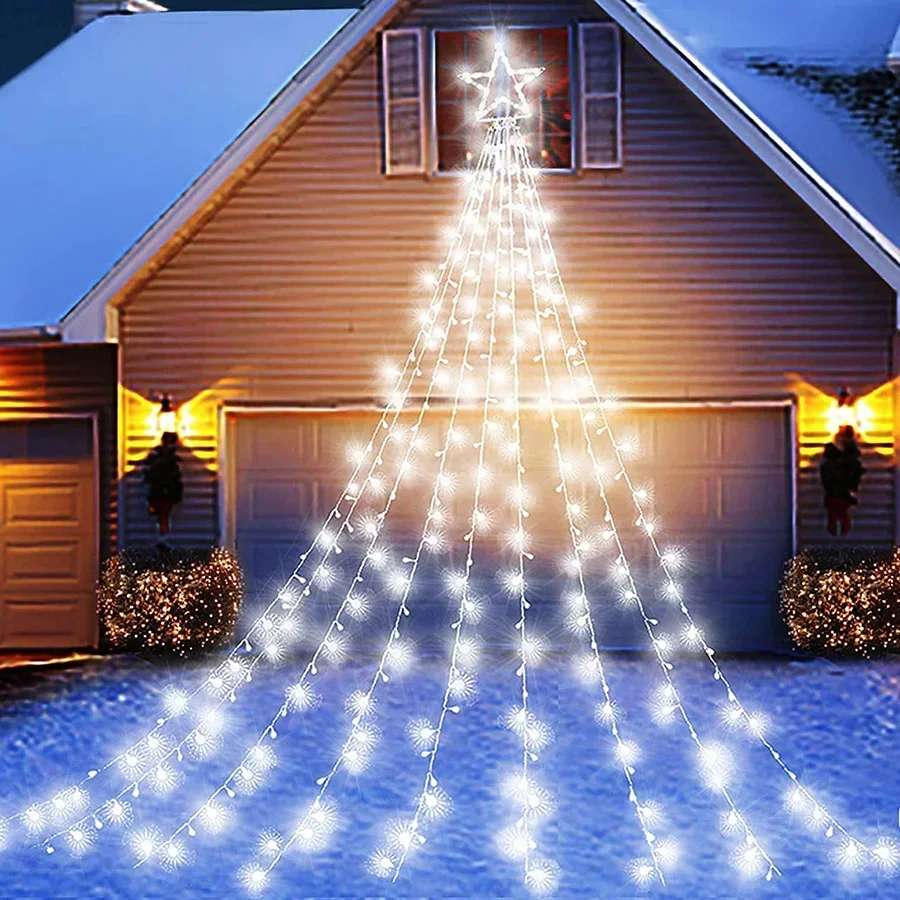 

9X3.5M 350 LED Christmas Waterfall Star String Light Outdoor Christmas Tree Topper Star Fairy Light 220V/Solar Garland Light