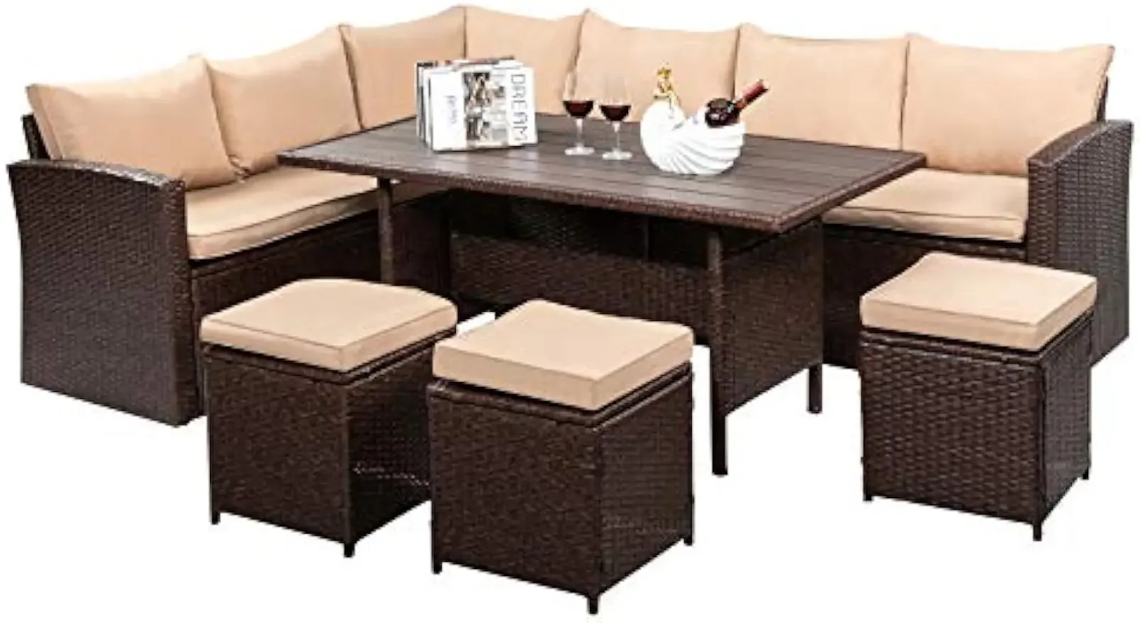 

Patio Furniture Set, 8 Pieces Outdoor Furniture with Dining Table&Chair, All Weather Wicker Outdoor Sectional Sofa with Ottoman