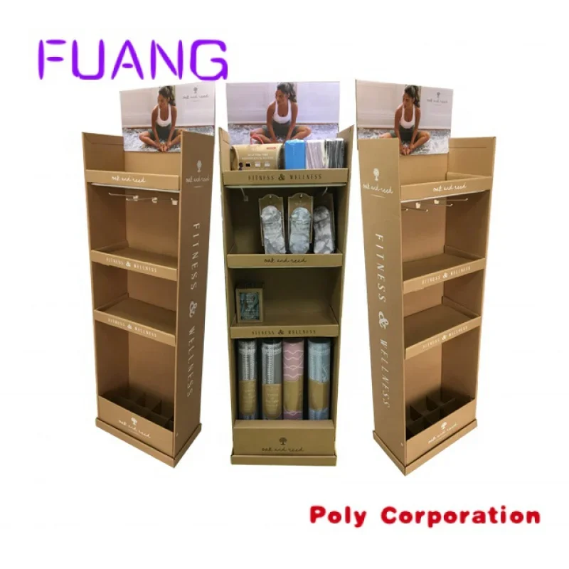 Custom Sake custom printing shelf cardboard floor stand display paper tiered display stand for Yoga rope/socks/boots/bricks