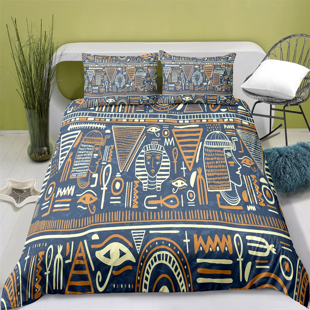 

Grey Blue Bedding Set Egyptian Symbol Duvet Cover with Pillow Cover Bedding Single Double Twin Full Queen King Boho Beding Set