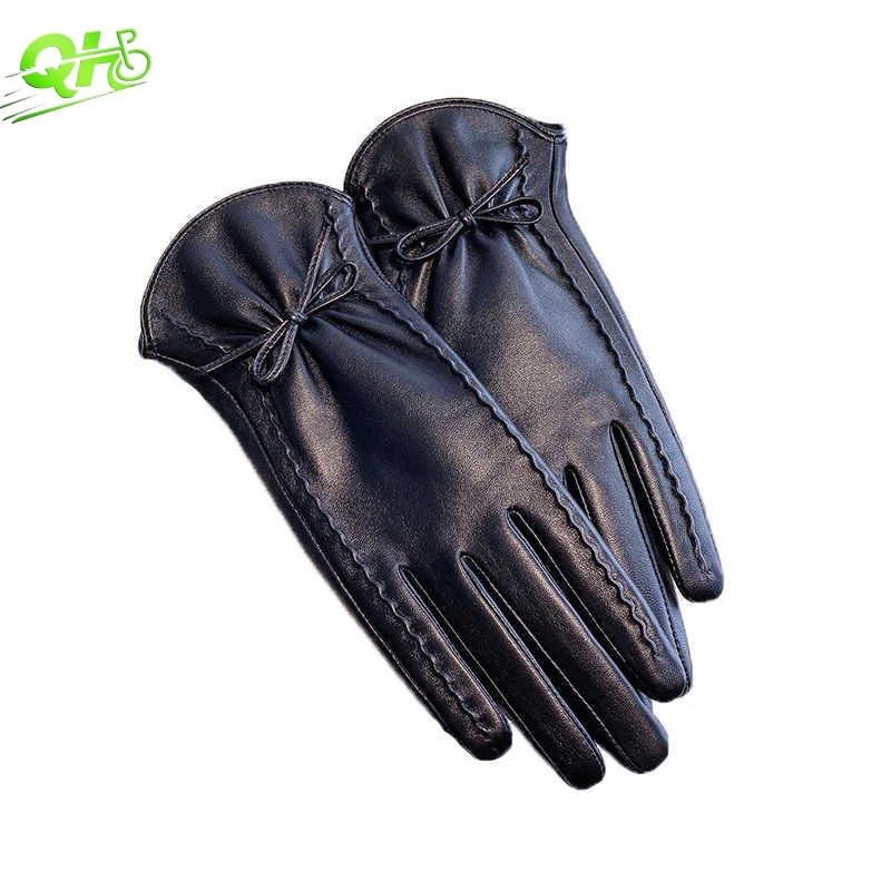 

Lady Elegant Genuine Leather Gloves Electric Scooter Driving Sheepskin Light Luxury Bow Black Perforate Breathable Winter Autumn