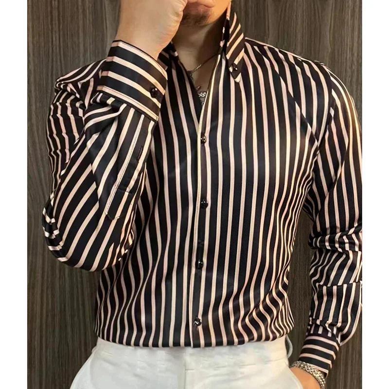 Luxury Men Striped Contrast Color Shirt Spring Long Sleeve Slim Social Party Dress Clothing Camisa Hombre