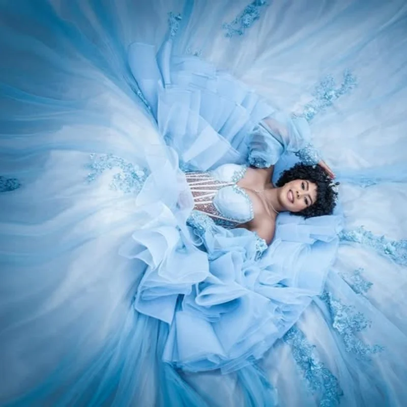 Aqua bleu Quinceanera robe hors épaule dentelle superposition cristal fleur décalcomanie longue queue robes de 15 Quinceanera ﻿ Personnaliser